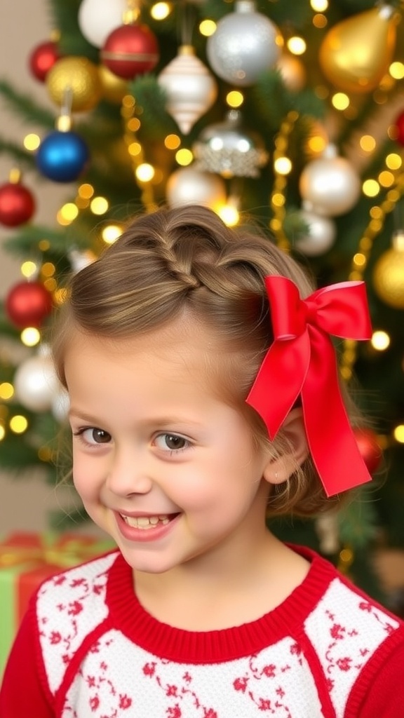 A child smiling with a Christmas hairstyle, featuring a twisted half-updo with a red ribbon, in front of a decorated Christmas tree.